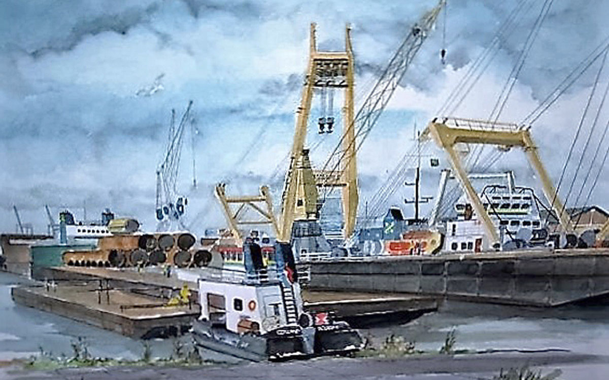 aquarel Dick Carlier: SmitTak Rotterdam haven