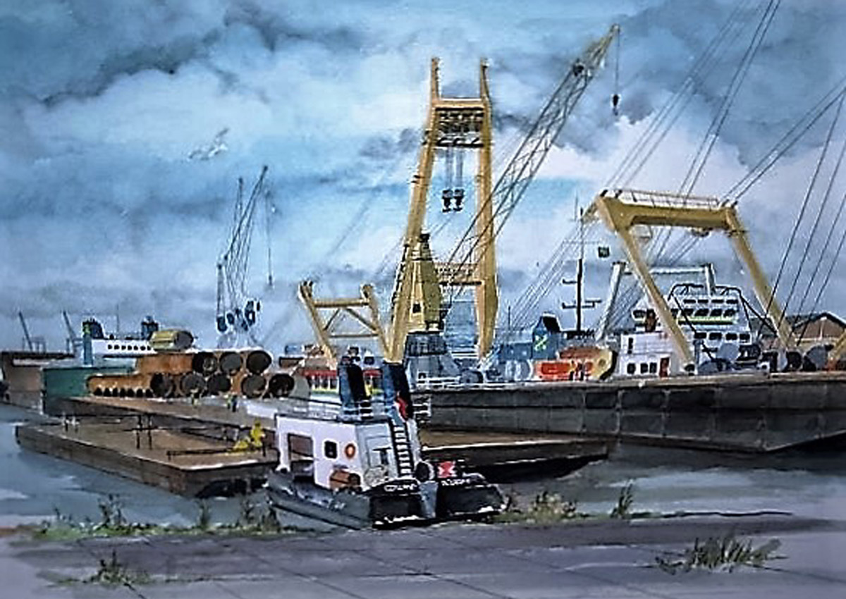 aquarel Dick Carlier: haven Rotterdam