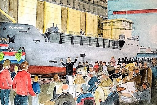 aquarel Dick Carlier: tewaterlating Kinderdijk