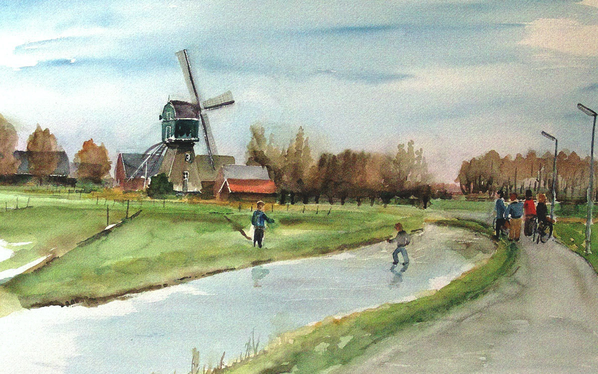 aquarel Dick Carlier: rivier de Vlist