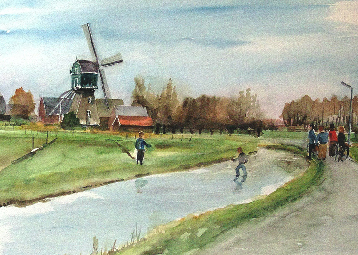 aquarel Dick Carlier: aan de Vlist