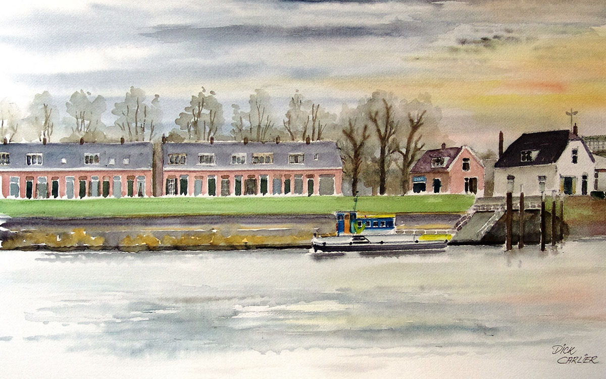 aquarel Dick Carlier: rivier de Lek