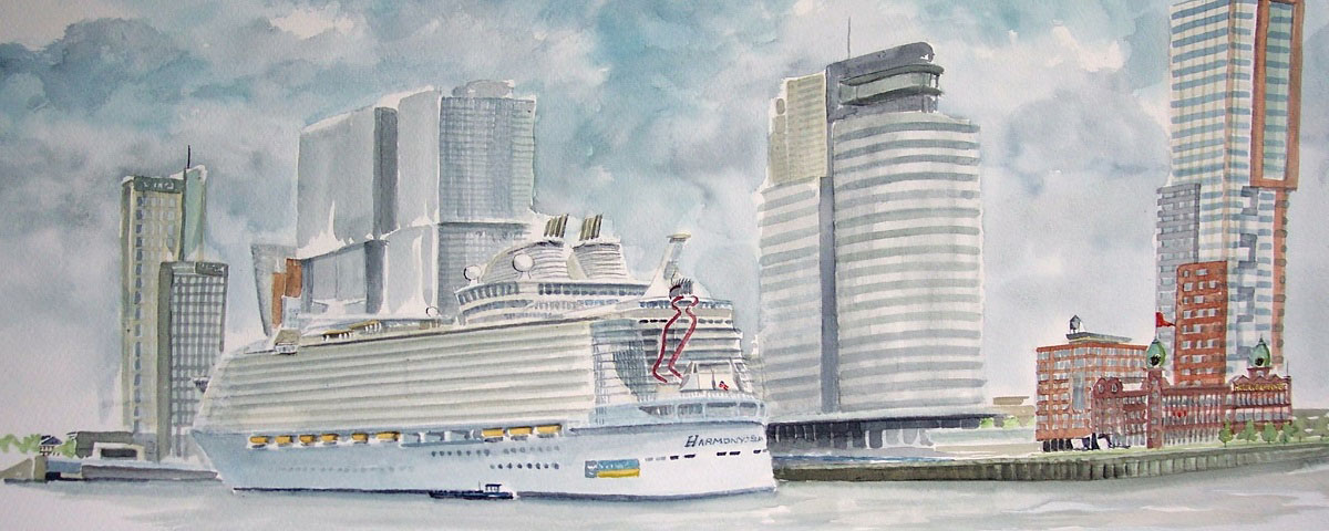 aquarel Dick Carlier: Rotterdamse haven