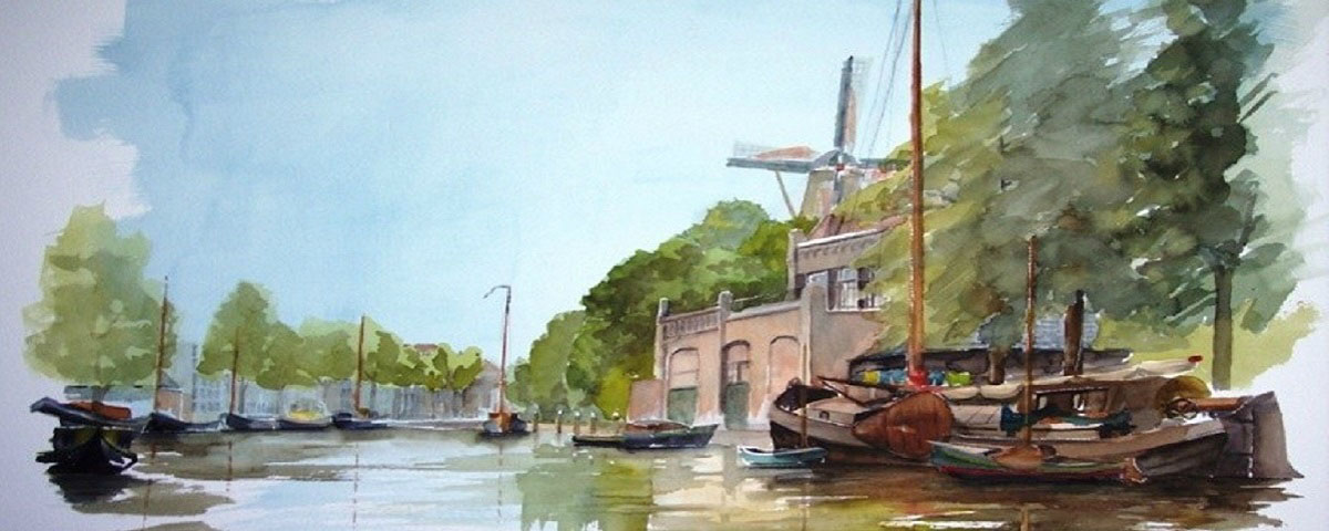 aquarel Dick Carlier: haventje