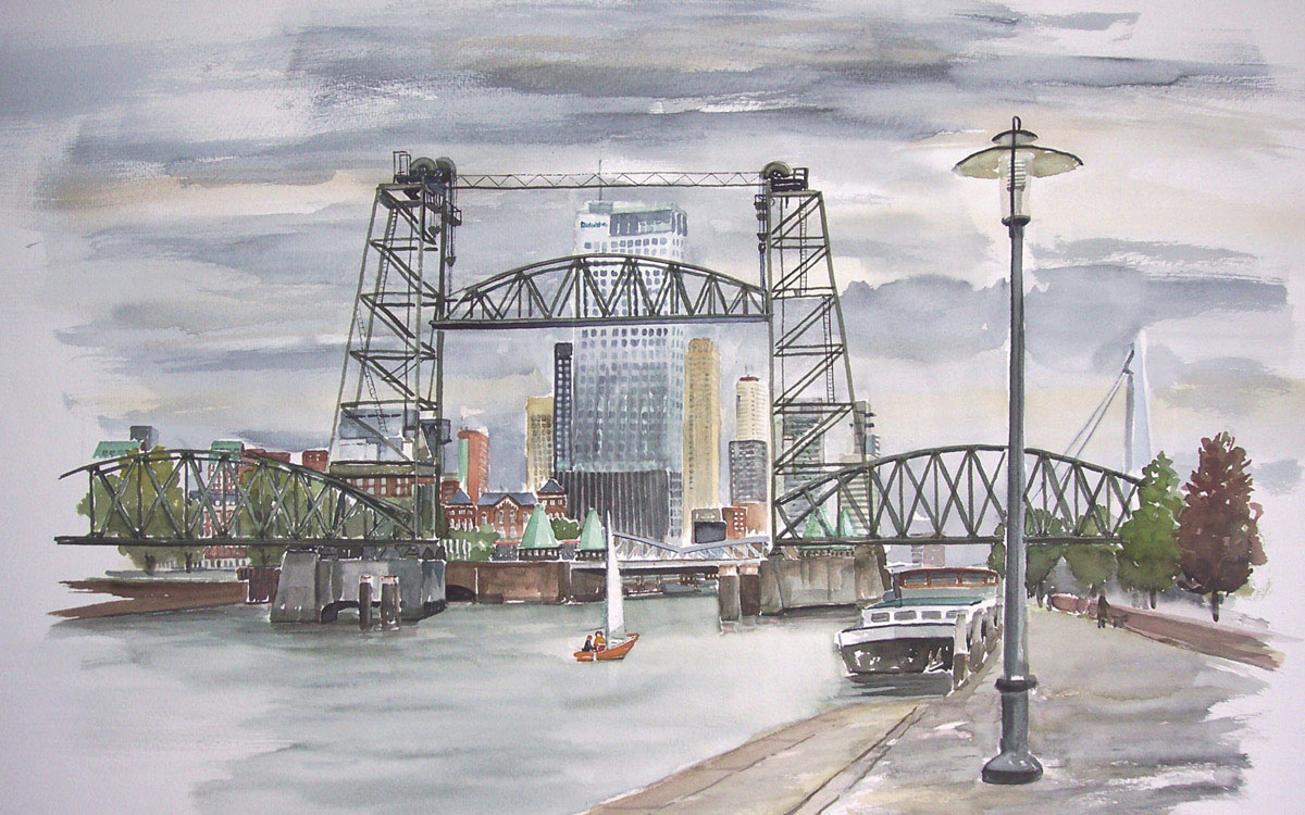 aquarel Dick Carlier: brug de hef Rotterdam