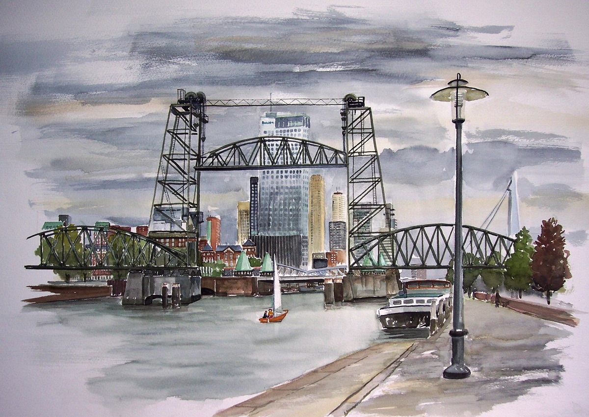 aquarel Dick Carlier: De Hef Rotterdam