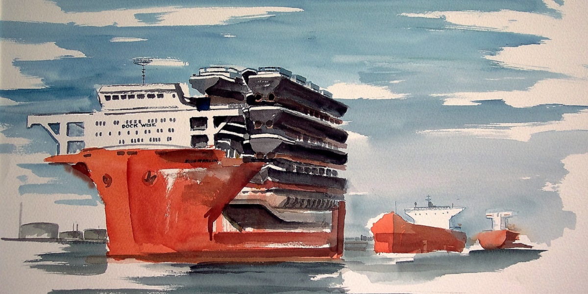 aquarel Dick Carlier: haven Rotterdam