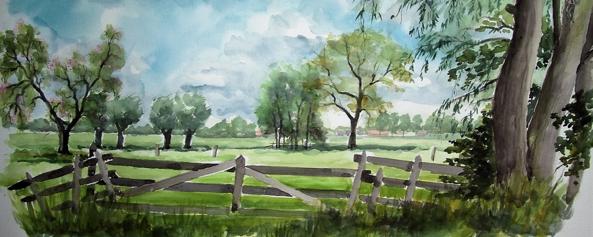 aquarel Dick Carlier: veld met klaprozen